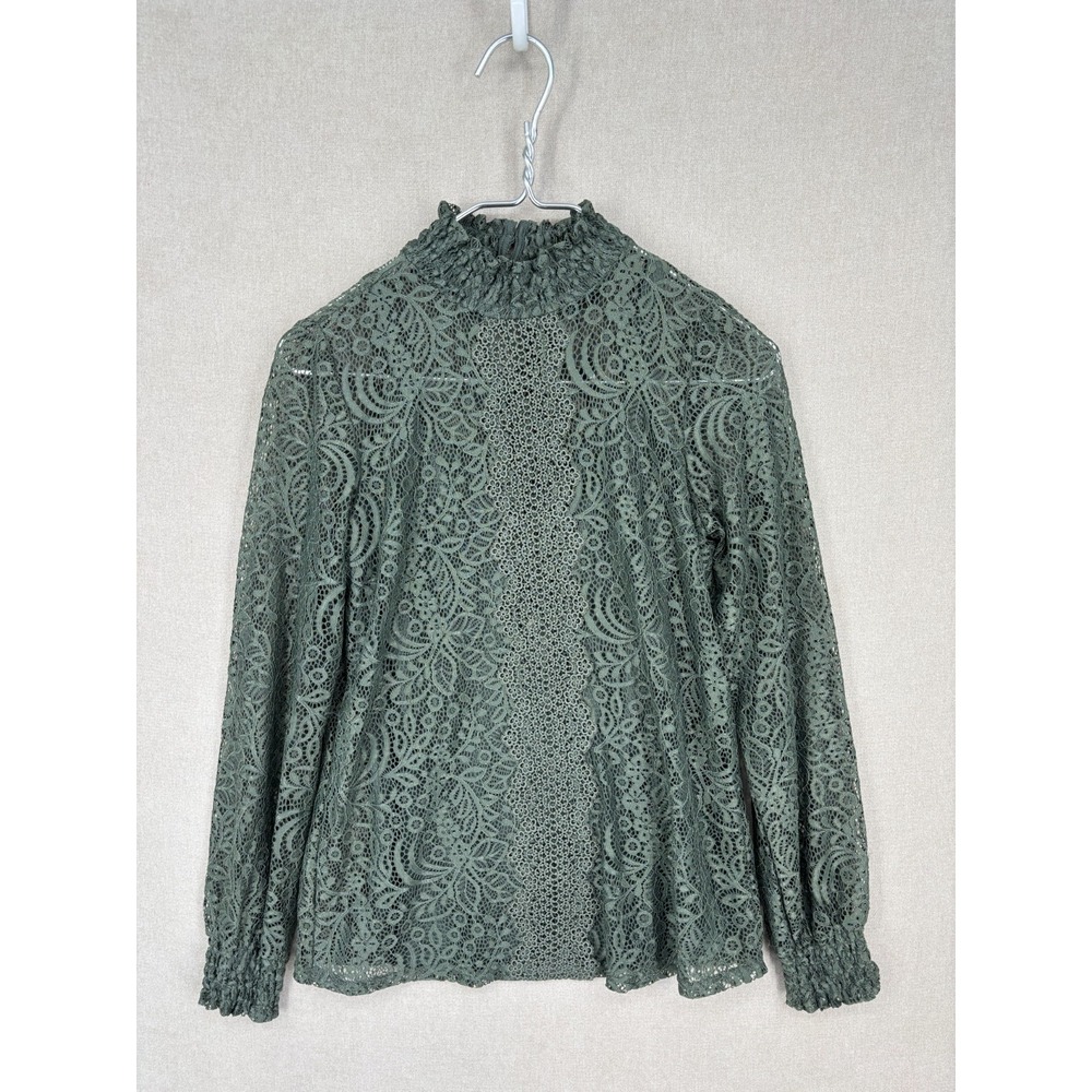 Cable & Gauge Blouse Womens Small Green Crochet Lace Boho High Neck New